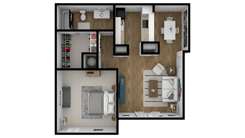 Floor plan for 1 bed, 1 bath, 754 sqft